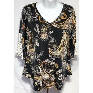 Stem Vine 1/2 Sleeve Silky top S blk Gold Paisley Lace Trim V-neck
